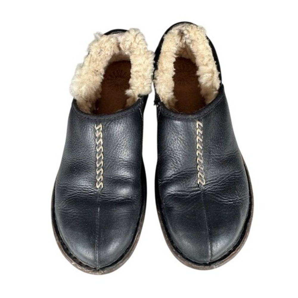Ugg Black Leather Shearling Lined Clogs Mule Shoe… - image 1
